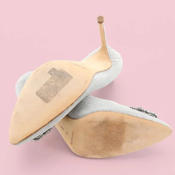 Manolo Blahnik Hangisi Silver Shimmery Embellished Pumps - Picture 5 of 8